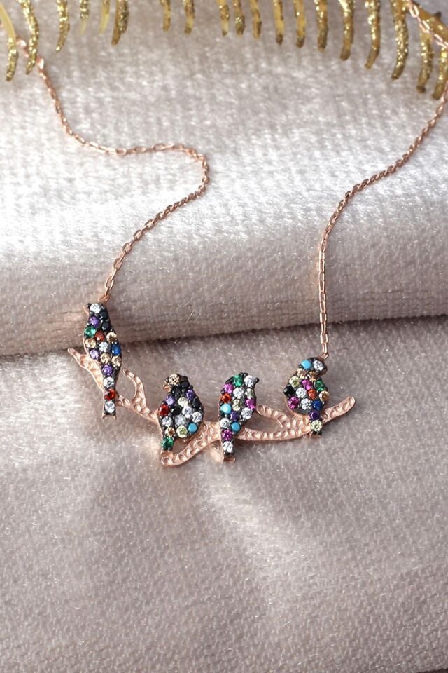 Kuş Kolye Renkli Zirkon Taşlı 925 Ayar Gümüş Kolye
