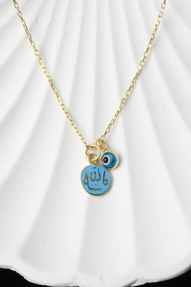 Allah Yazılı Lacivelt Mineli Nazar Boncuklu 925 Ayar Gümüş Kolye