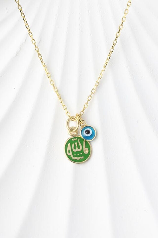 Allah Yazılı Lacivelt Mineli Nazar Boncuklu 925 Ayar Gümüş Kolye
