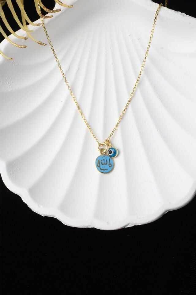 Allah Yazılı Lacivelt Mineli Nazar Boncuklu 925 Ayar Gümüş Kolye