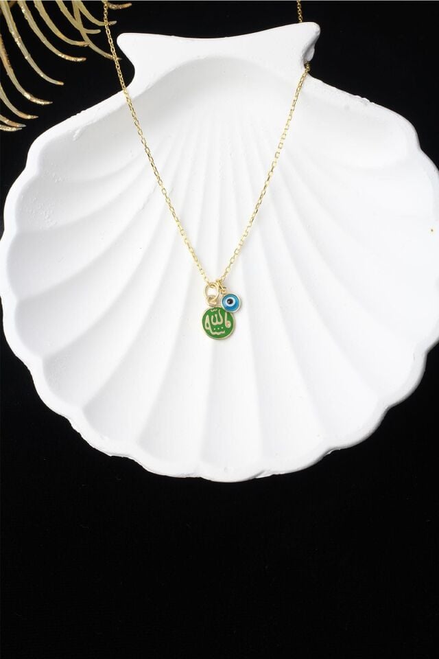 Allah Yazılı Lacivelt Mineli Nazar Boncuklu 925 Ayar Gümüş Kolye