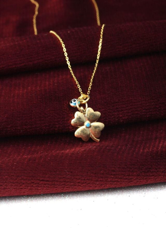 Yonca 4 Yapraklı Gümüş Nazar Göz Boncuklu 925 Ayar Gümüş Kolye