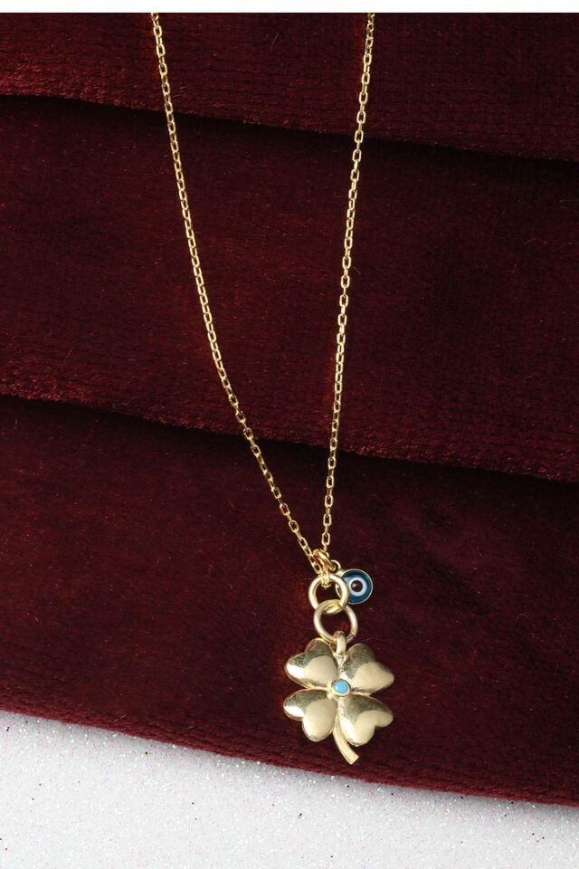 Yonca 4 Yapraklı Gümüş Nazar Göz Boncuklu 925 Ayar Gümüş Kolye