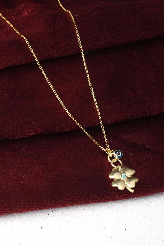 Yonca 4 Yapraklı Gümüş Nazar Göz Boncuklu 925 Ayar Gümüş Kolye