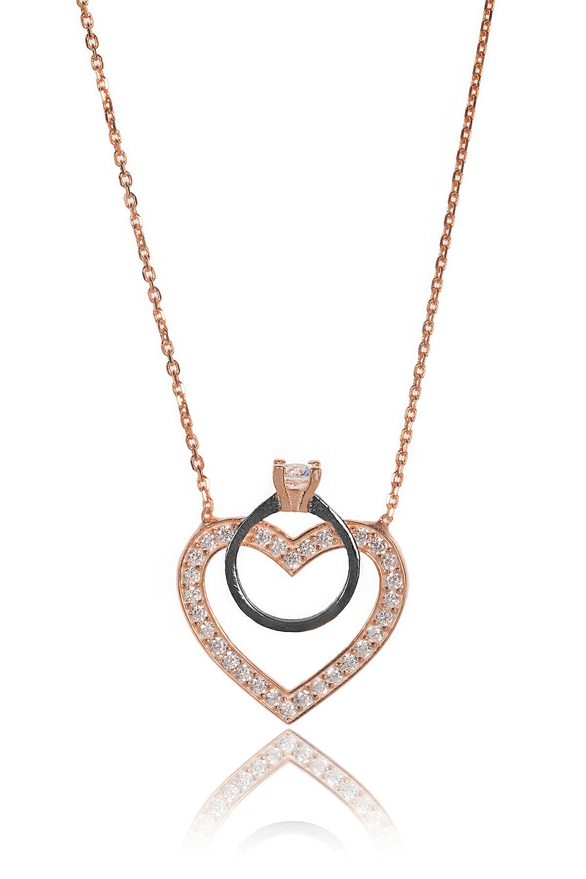 Tek Taşlı Kalp Kolye - Rose