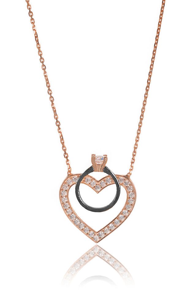 Tek Taşlı Kalp Kolye - Rose