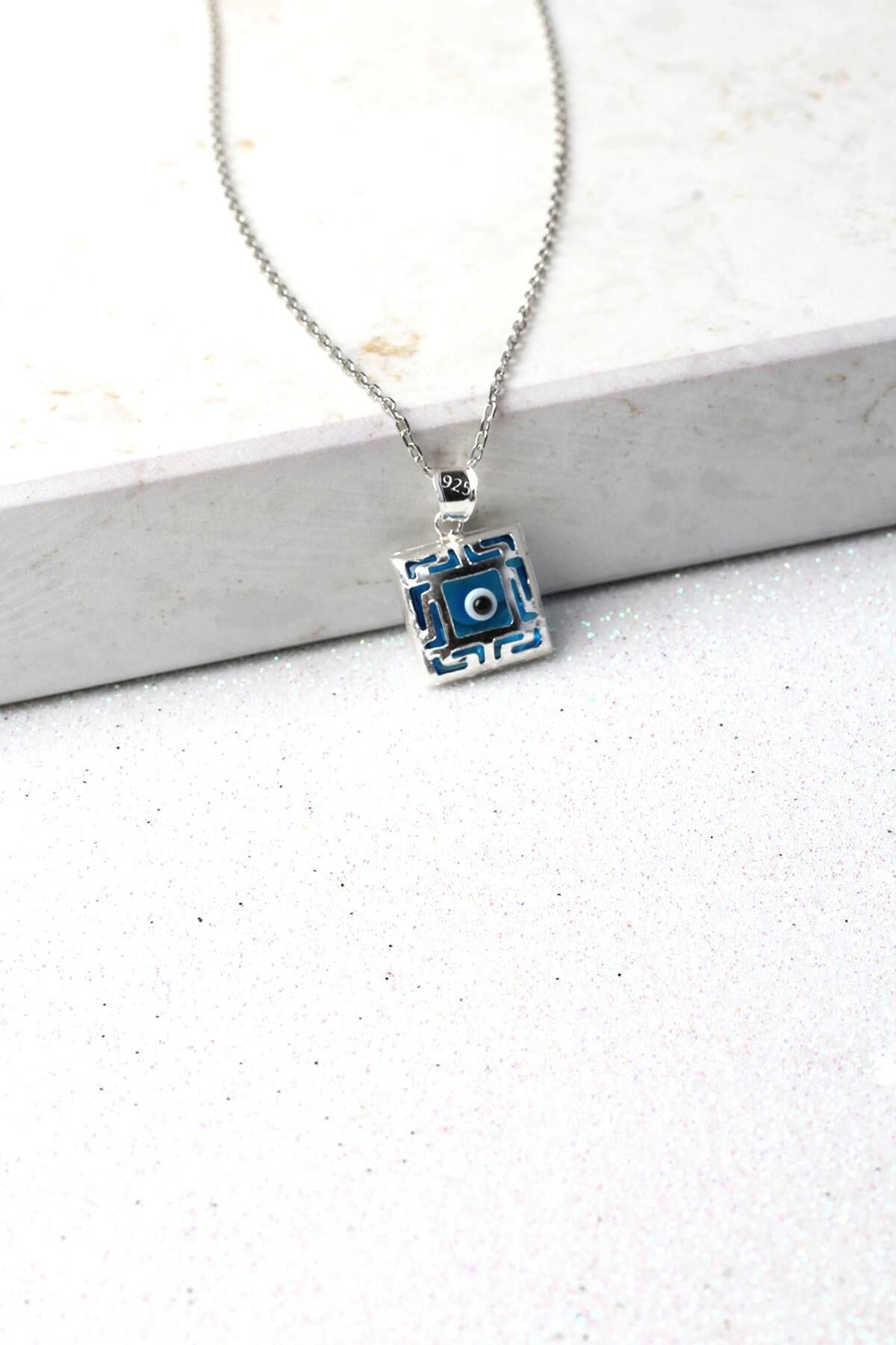 Nazar Boncuğu Kare Model Mavi Göz 925 Ayar Gümüş Kolye