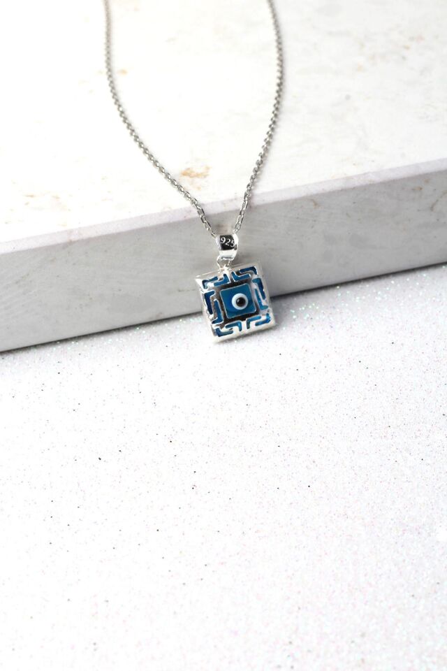 Nazar Boncuğu Kare Model Mavi Göz 925 Ayar Gümüş Kolye