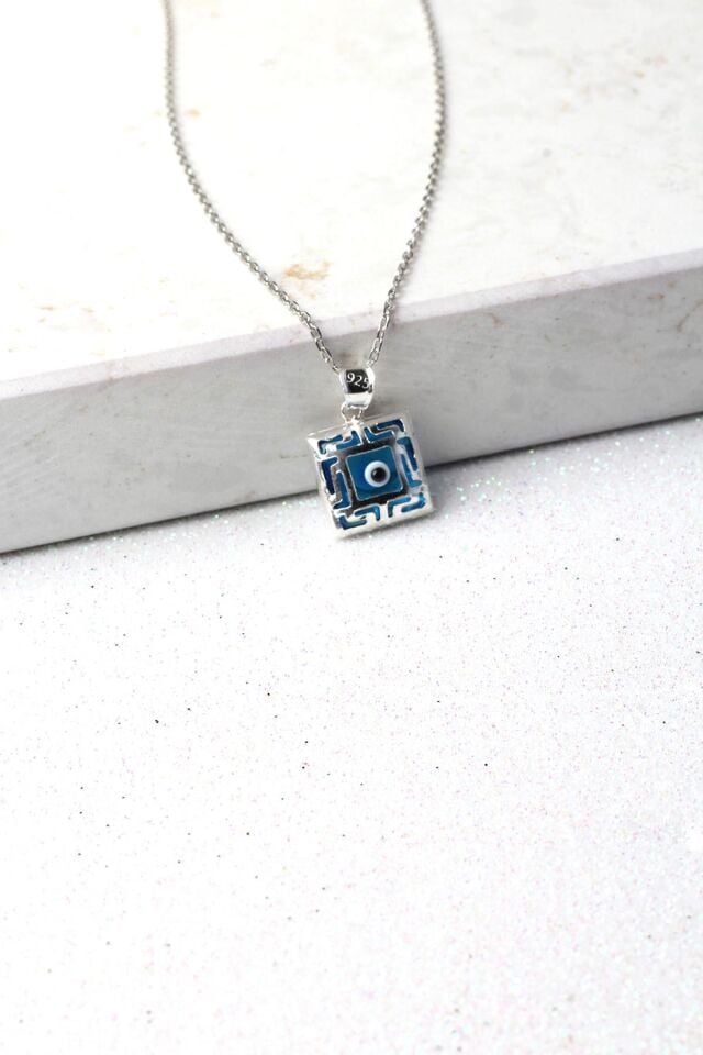 Nazar Boncuğu Kare Model Mavi Göz 925 Ayar Gümüş Kolye