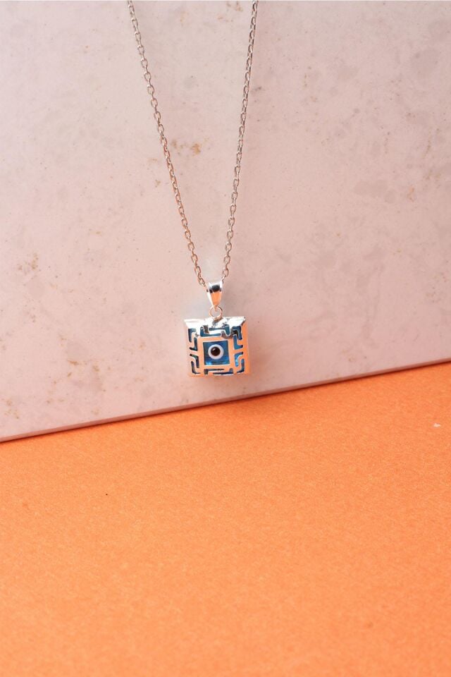 Nazar Boncuğu Kare Model Mavi Göz 925 Ayar Gümüş Kolye