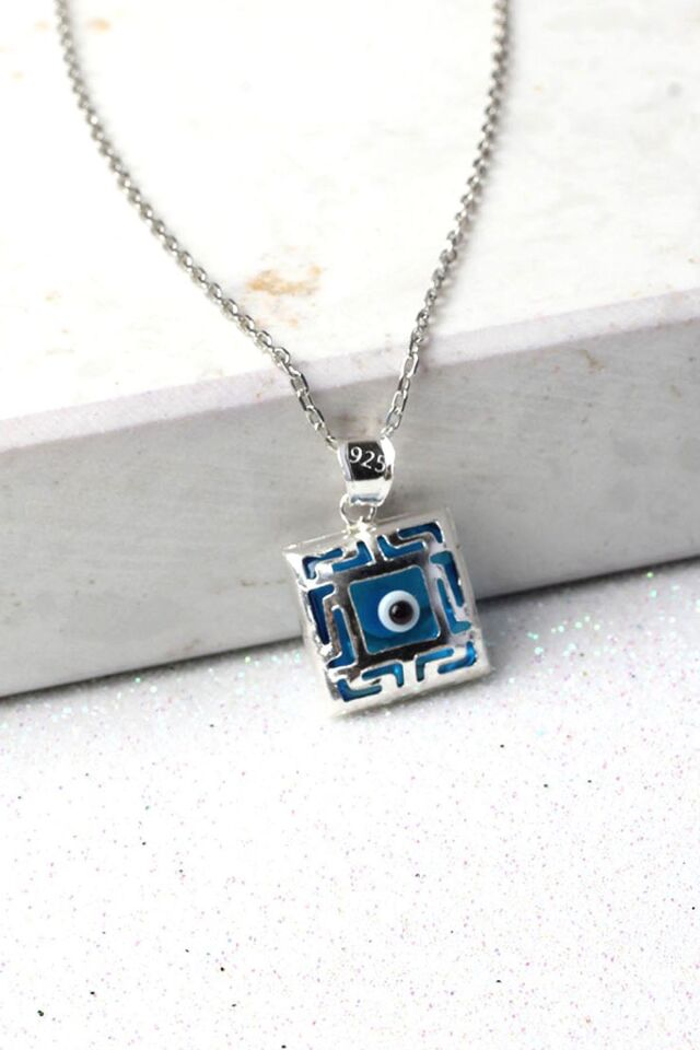 Nazar Boncuğu Kare Model Mavi Göz 925 Ayar Gümüş Kolye