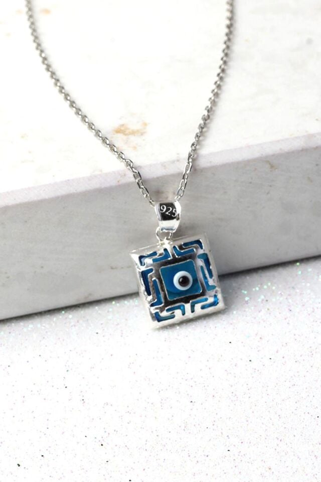 Nazar Boncuğu Kare Model Mavi Göz 925 Ayar Gümüş Kolye