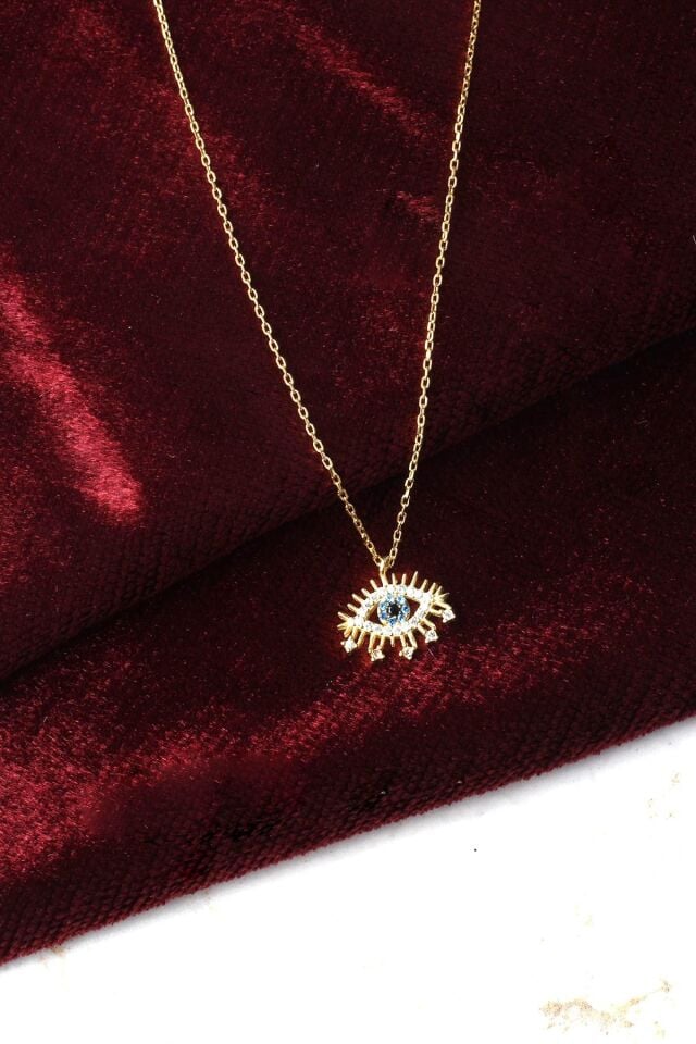 Nazar Boncuklu  Oval Model Mavi Göz Zirkon Taşlı 925 Ayar Gümüş Kolye