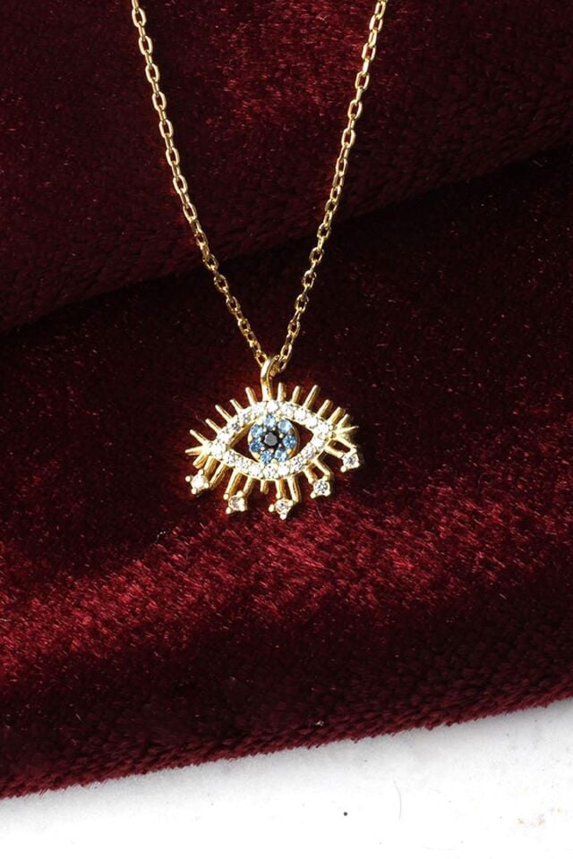 Nazar Boncuklu  Oval Model Mavi Göz Zirkon Taşlı 925 Ayar Gümüş Kolye