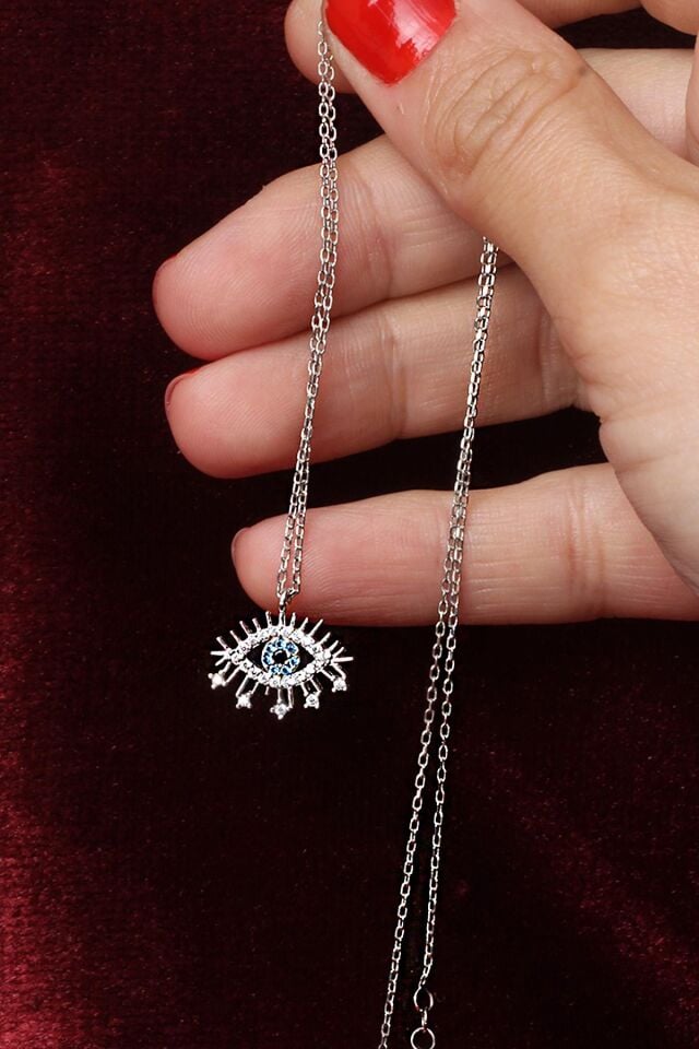 Nazar Boncuklu  Oval Model Mavi Göz Zirkon Taşlı 925 Ayar Gümüş Kolye