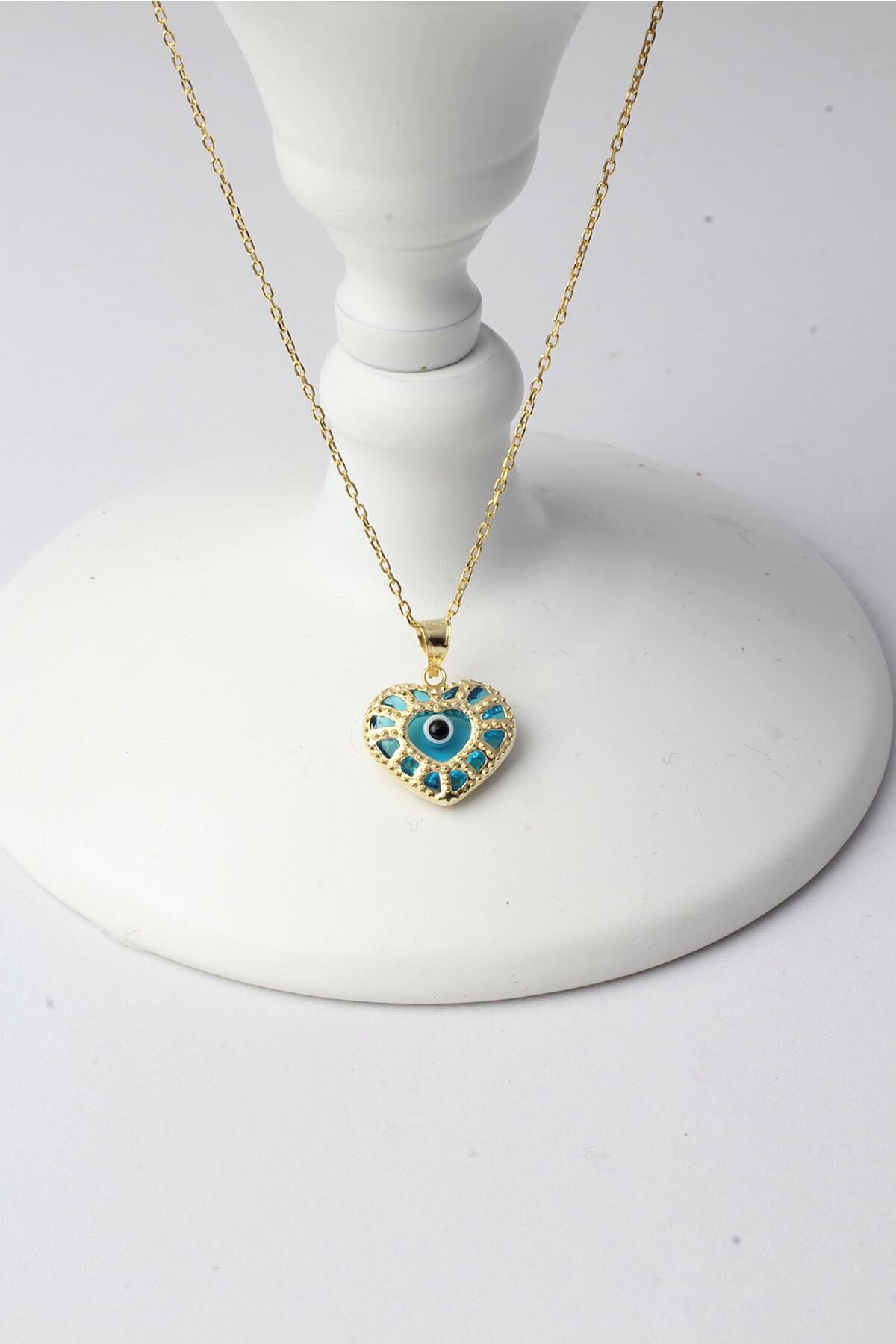 Kalp Göz Kolye Nazar Boncuklu Mavi 925 Ayar Gümüş Kolye