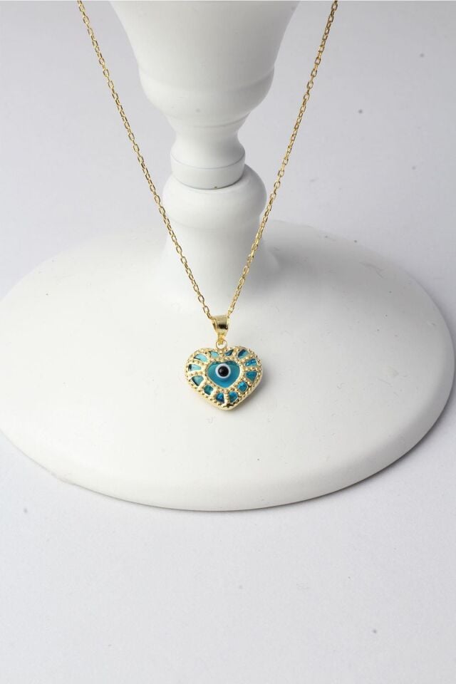 Kalp Göz Kolye Nazar Boncuklu Mavi 925 Ayar Gümüş Kolye