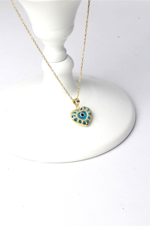 Kalp Göz Kolye Nazar Boncuklu Mavi 925 Ayar Gümüş Kolye