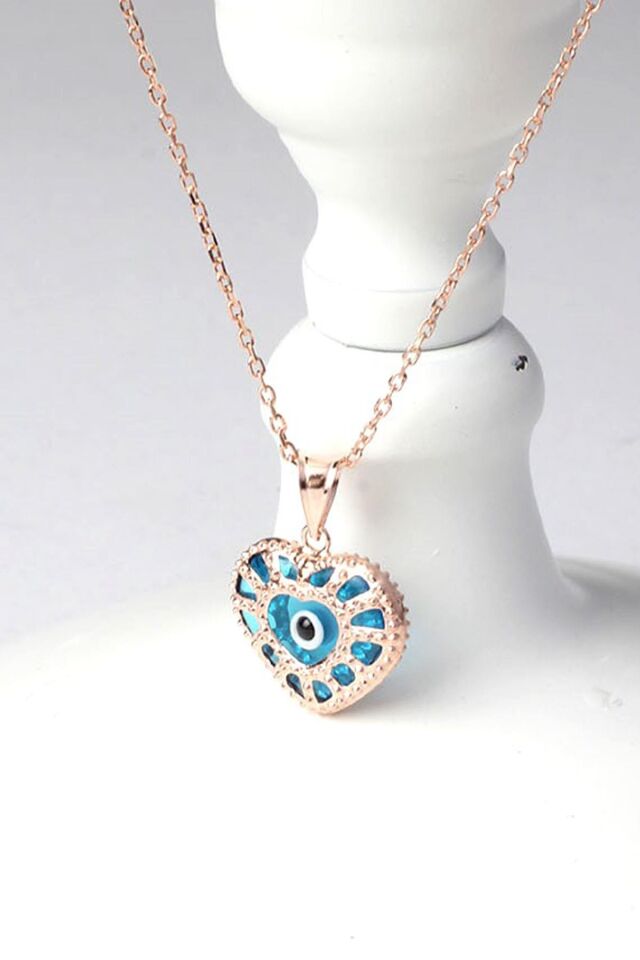 Kalp Göz Kolye Nazar Boncuklu Mavi 925 Ayar Gümüş Kolye
