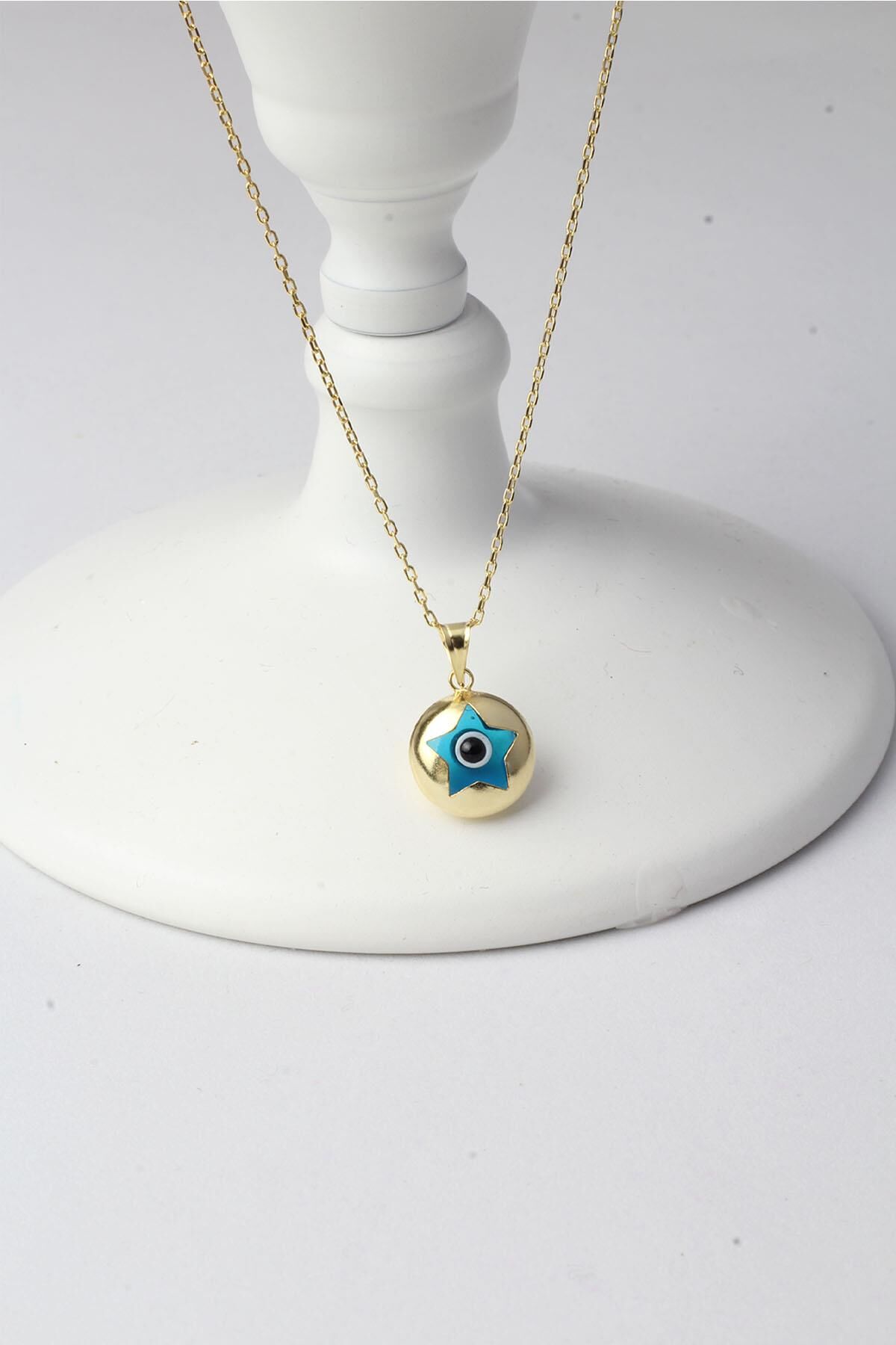 Yuvarlak Nazar Boncuklu Yıldız Model Mavi Göz 925 Ayar Gümüş Kolye