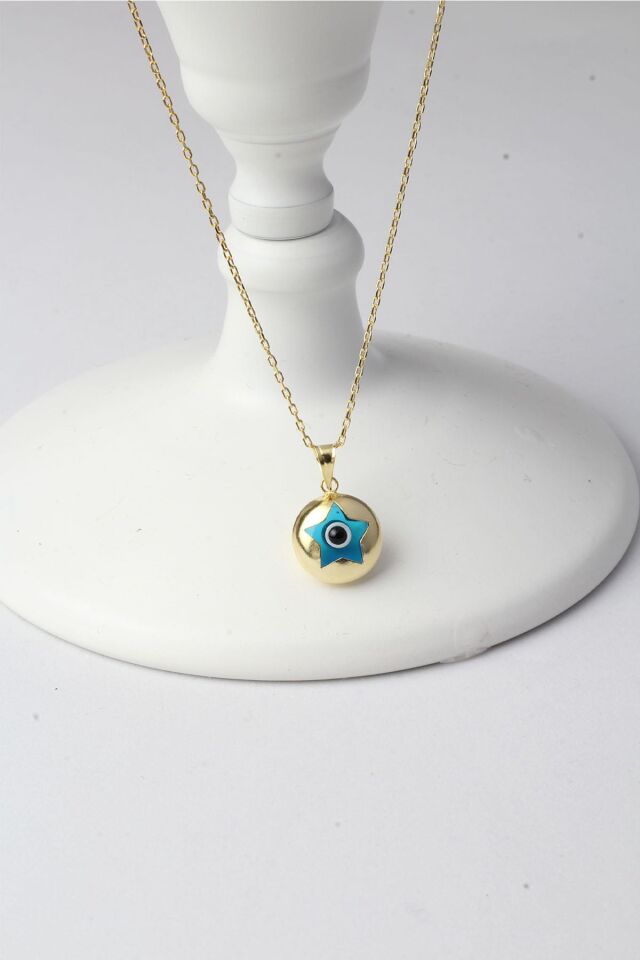 Yuvarlak Nazar Boncuklu Yıldız Model Mavi Göz 925 Ayar Gümüş Kolye