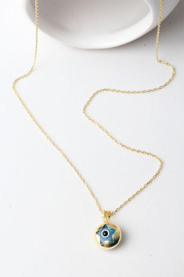 Yuvarlak Nazar Boncuklu Yıldız Model Mavi Göz 925 Ayar Gümüş Kolye