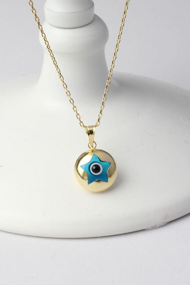 Yuvarlak Nazar Boncuklu Yıldız Model Mavi Göz 925 Ayar Gümüş Kolye