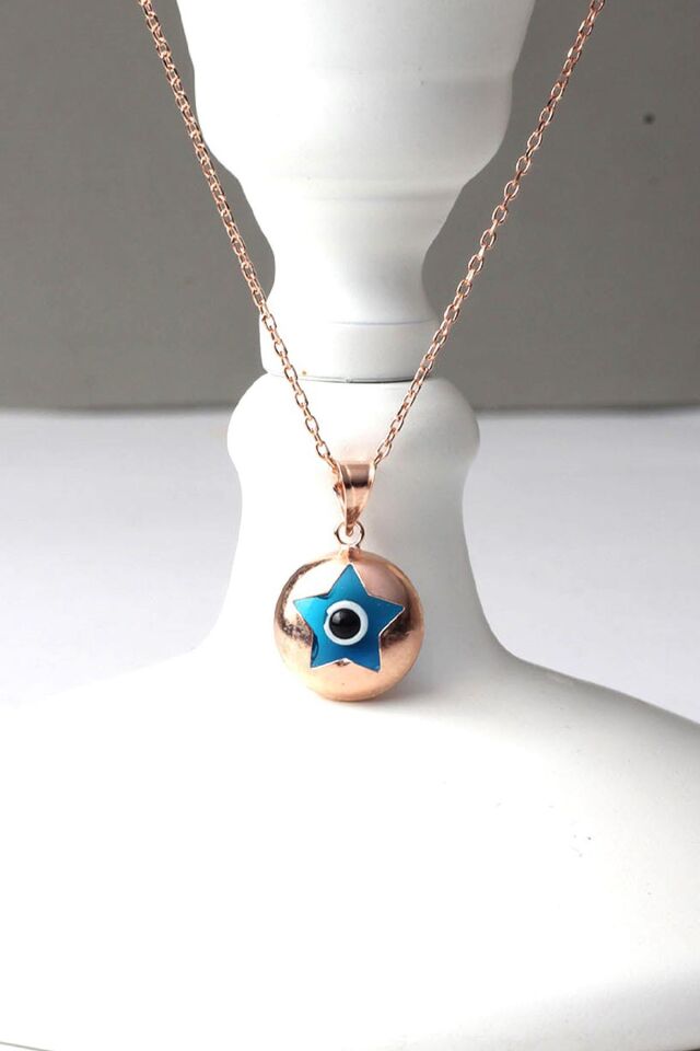 Yuvarlak Nazar Boncuklu Yıldız Model Mavi Göz 925 Ayar Gümüş Kolye