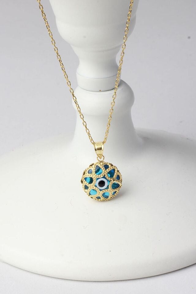 Nazar Boncuğu Yuvarlak Mavi Göz 925 Ayar Gümüş Kolye