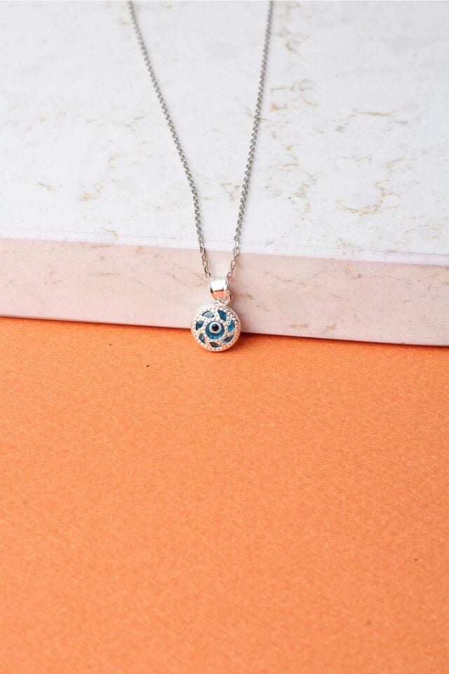 Nazar Boncuğu Yuvarlak Küçük Göz Mavi 925 Ayar Gümüş Kolye