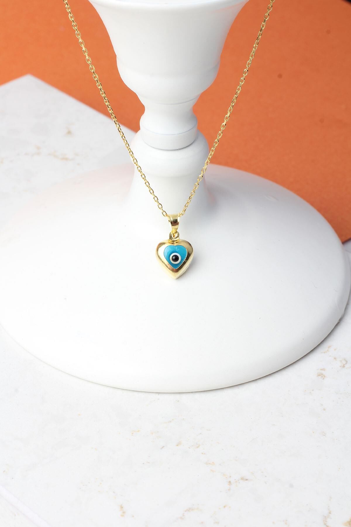 Nazar kolye  Kalpli Göz Boncuğu  Mavi 925 Ayar Gümüş Zincirli Kolye