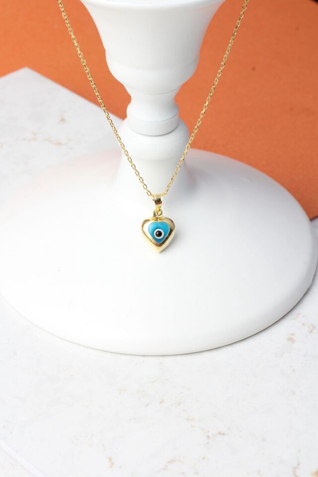 Nazar kolye  Kalpli Göz Boncuğu  Mavi 925 Ayar Gümüş Zincirli Kolye