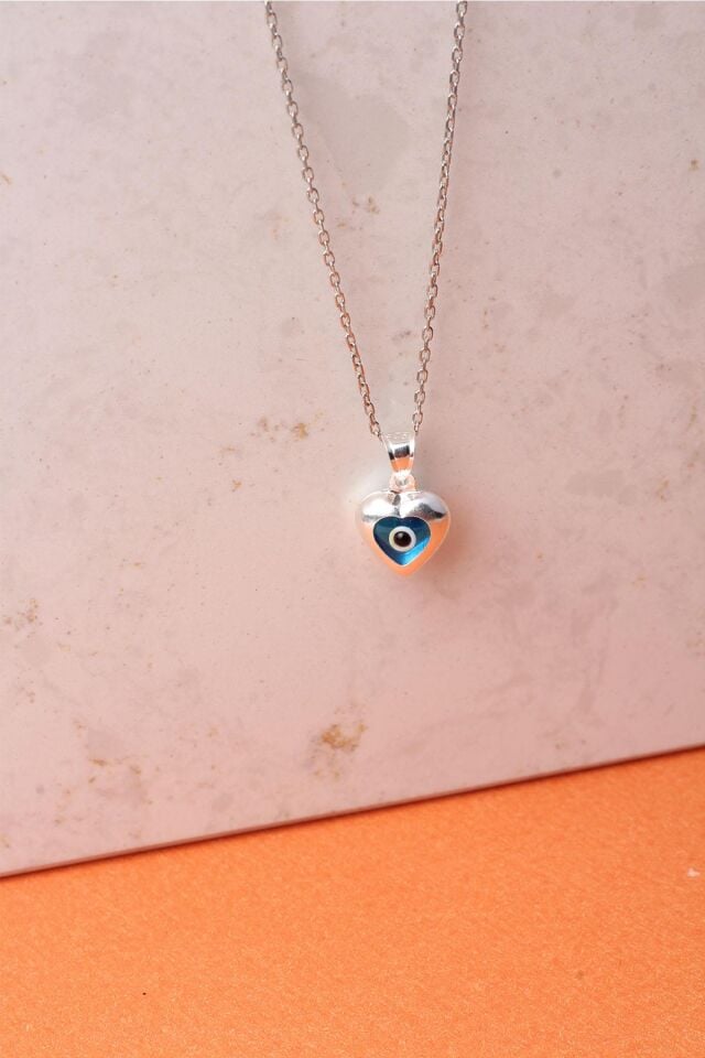 Nazar kolye  Kalpli Göz Boncuğu  Mavi 925 Ayar Gümüş Zincirli Kolye