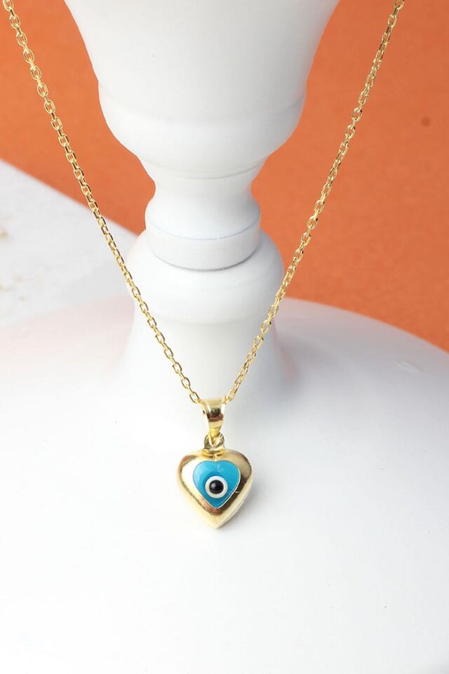 Nazar kolye  Kalpli Göz Boncuğu  Mavi 925 Ayar Gümüş Zincirli Kolye