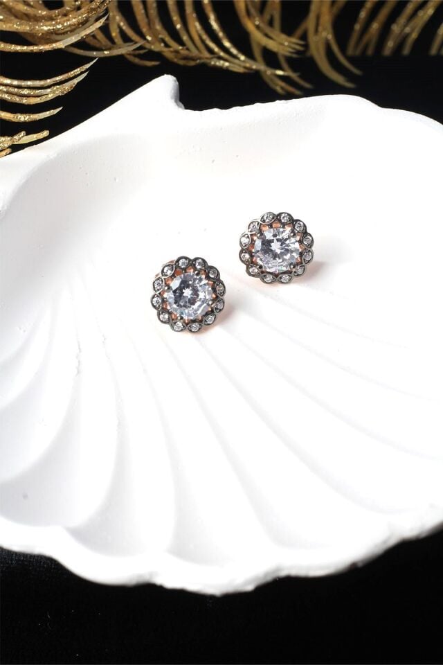 Tektaş Küpe Yuvarlak Zirkon Taşlı 925 Ayar Rose Pembe Çivili Gümüş Küpe