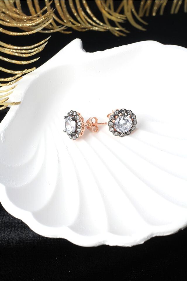 Tektaş Küpe Yuvarlak Zirkon Taşlı 925 Ayar Rose Pembe Çivili Gümüş Küpe