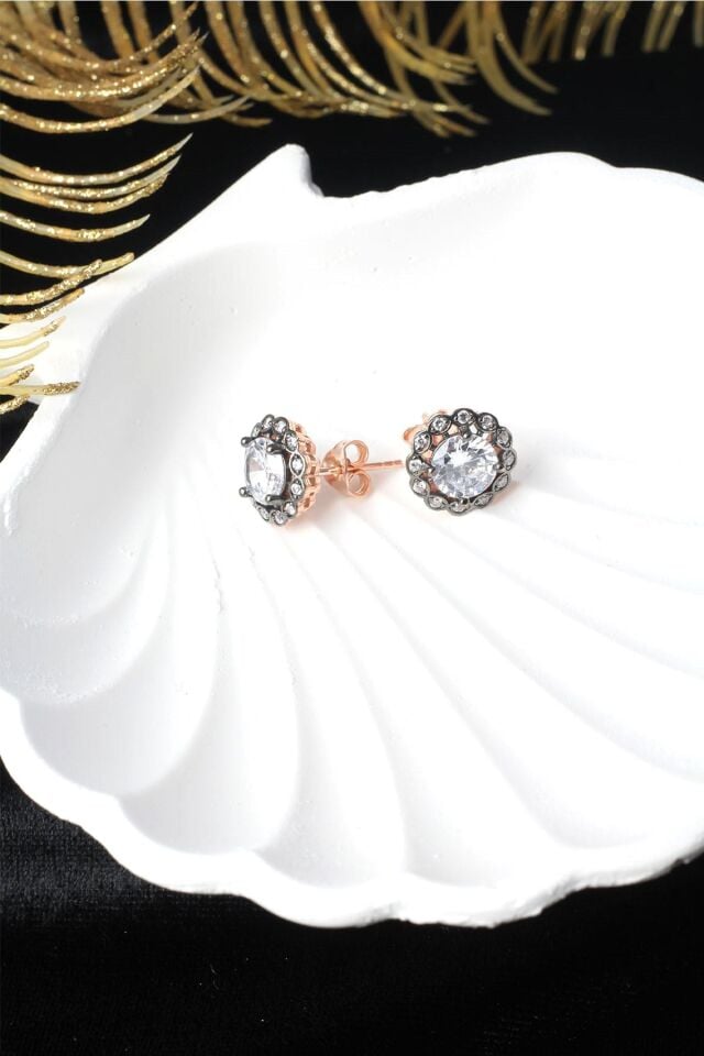 Tektaş Küpe Yuvarlak Zirkon Taşlı 925 Ayar Rose Pembe Çivili Gümüş Küpe