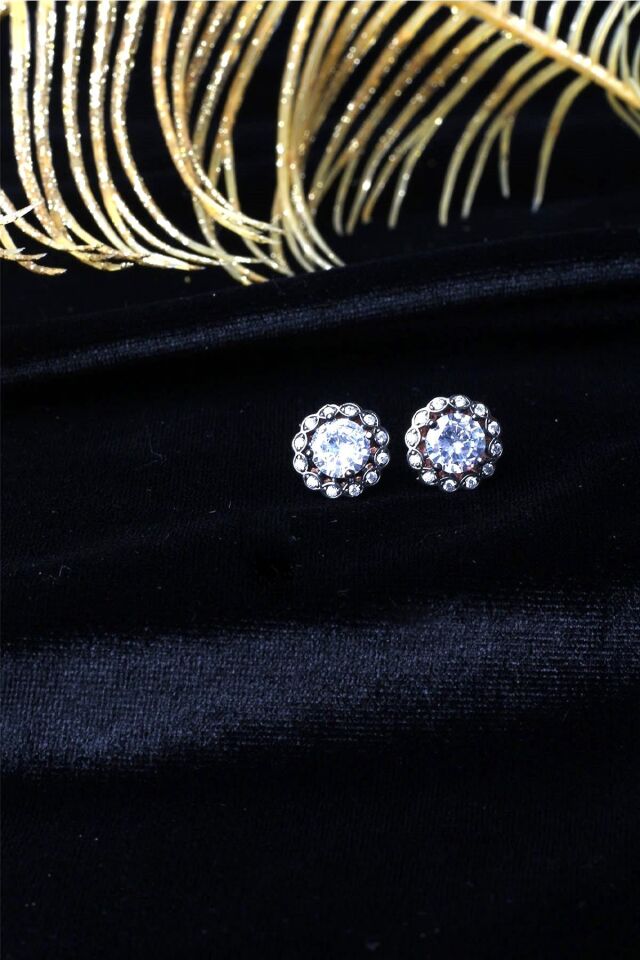 Tektaş Küpe Yuvarlak Zirkon Taşlı 925 Ayar Rose Pembe Çivili Gümüş Küpe