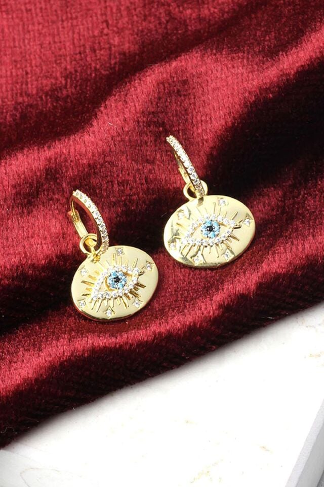 Nazar Boncuklu Mavi Göz Halka Plaka Zirkon Taşlı 925 Ayar Klipsli Gümüş Küpe