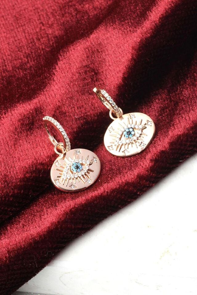 Nazar Boncuklu Mavi Göz Halka Plaka Zirkon Taşlı 925 Ayar Klipsli Gümüş Küpe