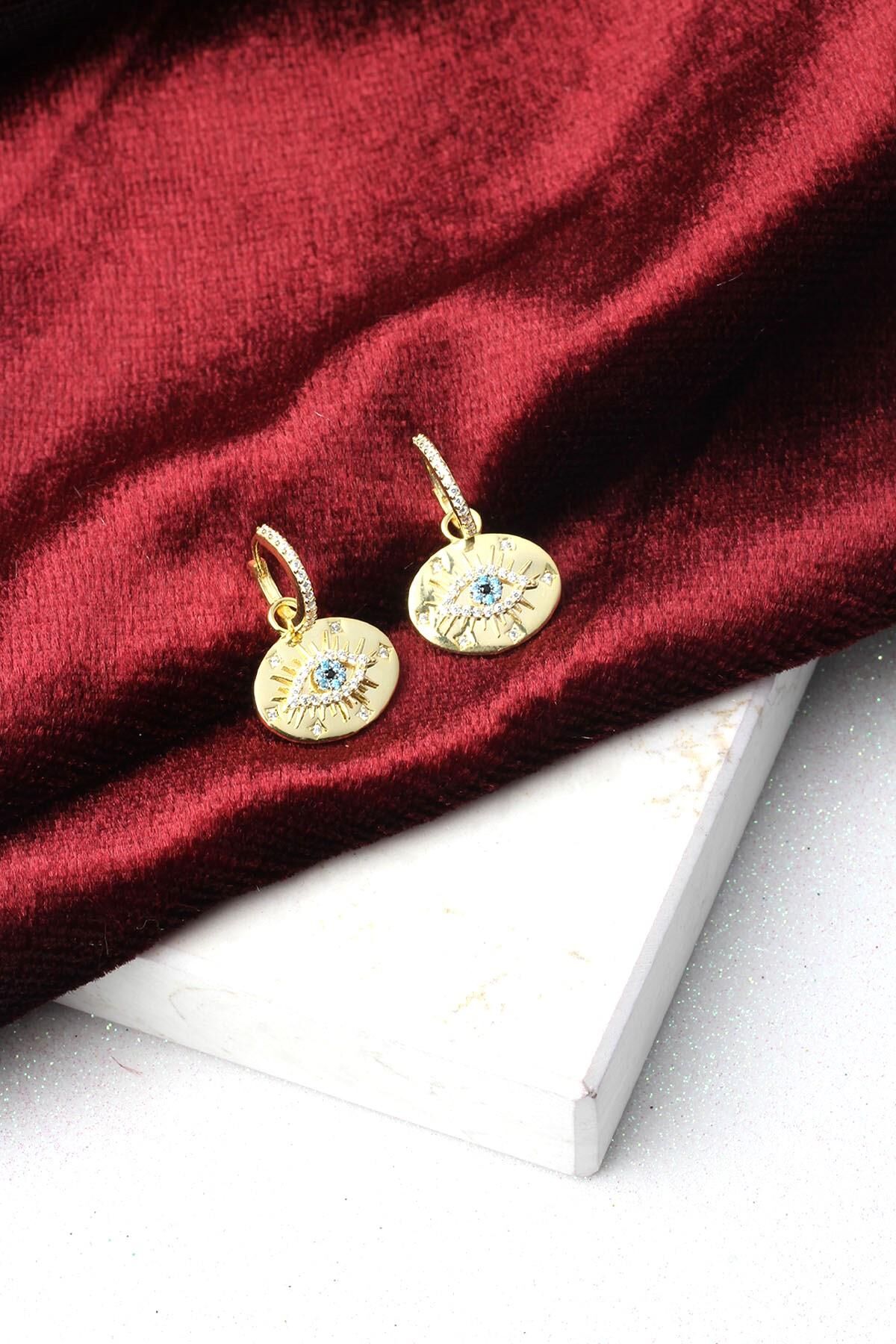 Nazar Boncuklu Mavi Göz Halka Plaka Zirkon Taşlı 925 Ayar Klipsli Gümüş Küpe