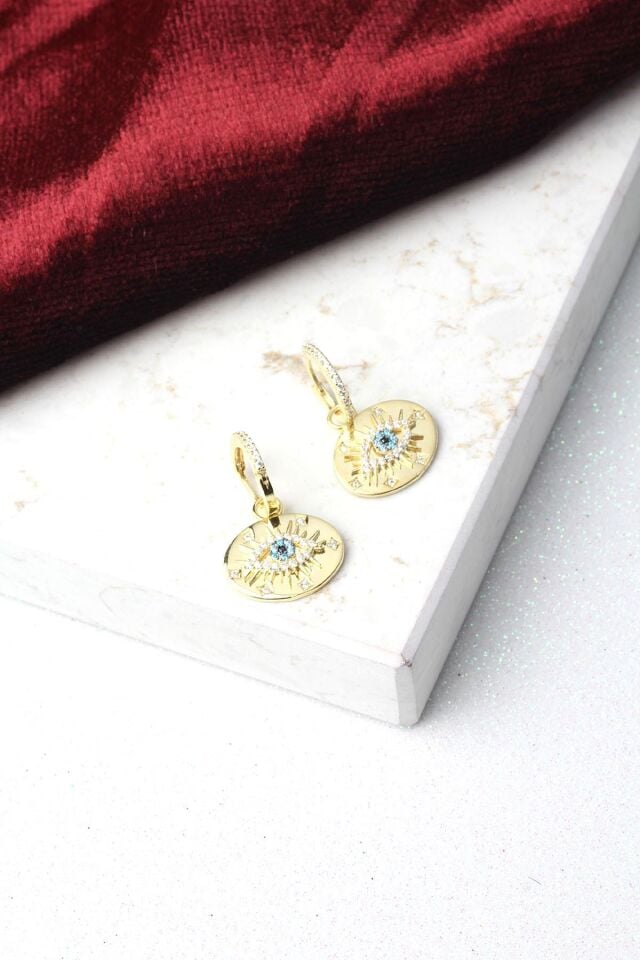 Nazar Boncuklu Mavi Göz Halka Plaka Zirkon Taşlı 925 Ayar Klipsli Gümüş Küpe