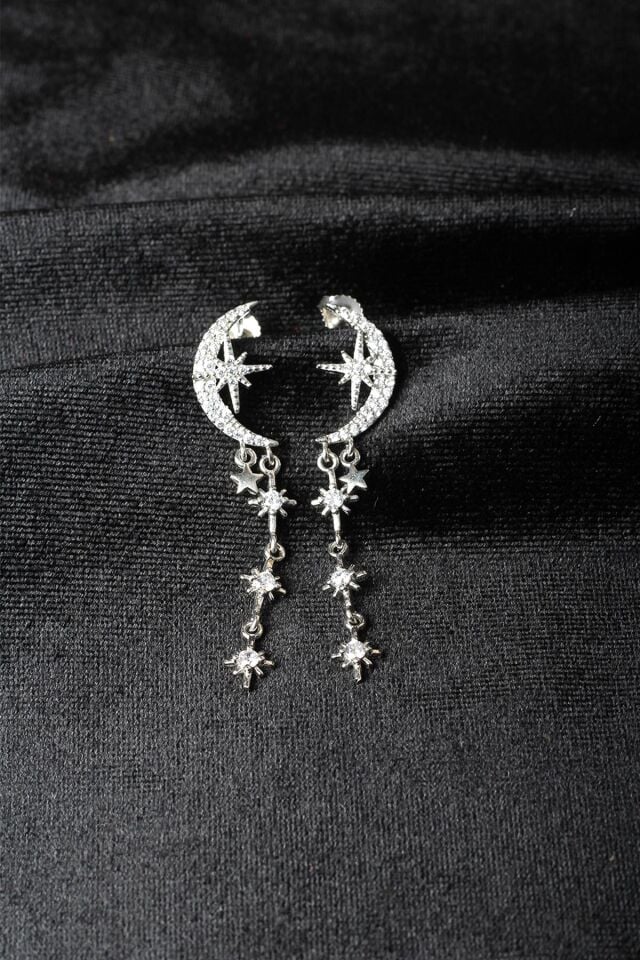 Sallantılı Yıldız Küpe Hilal 925 Ayar Beyaz Zirkon Taşlı Kutup Yıldızı Gümüş Küpe