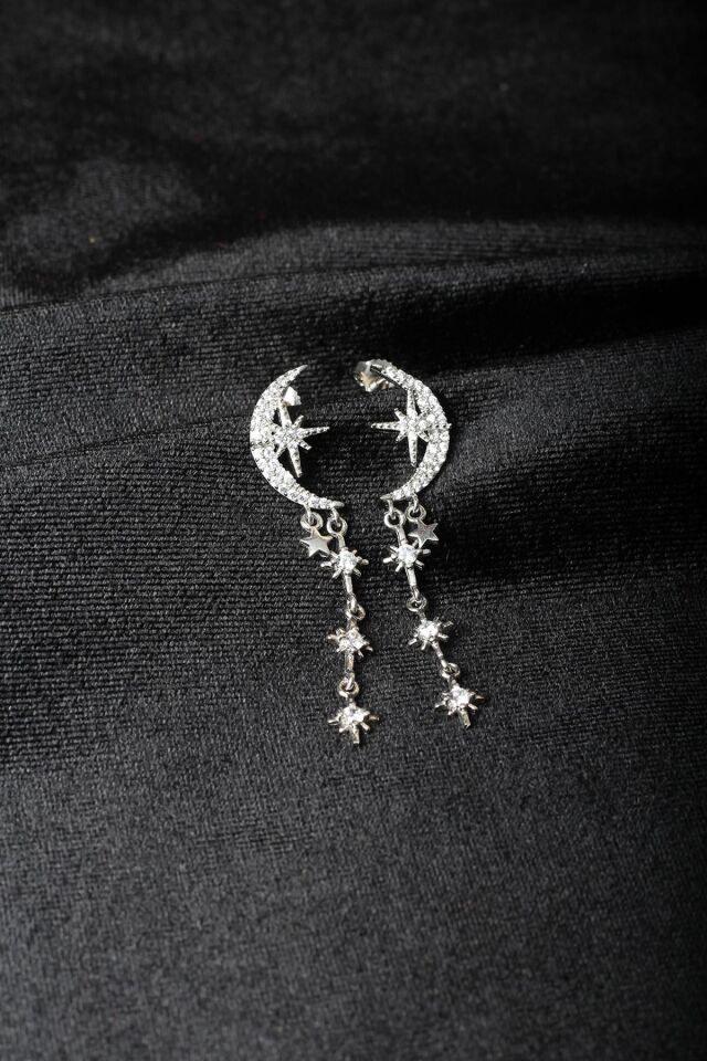 Sallantılı Yıldız Küpe Hilal 925 Ayar Beyaz Zirkon Taşlı Kutup Yıldızı Gümüş Küpe