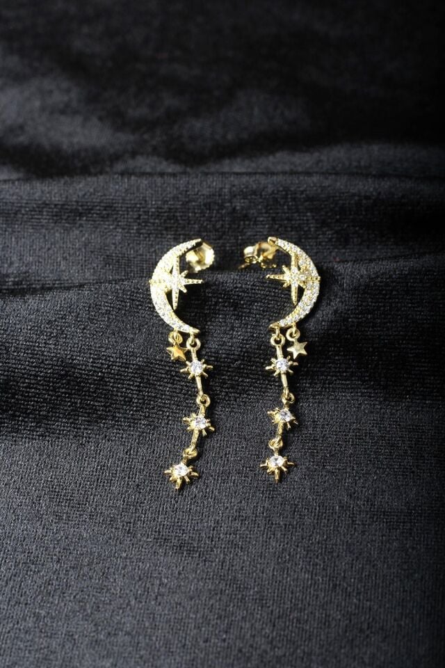 Sallantılı Yıldız Küpe Hilal 925 Ayar Beyaz Zirkon Taşlı Kutup Yıldızı Gümüş Küpe