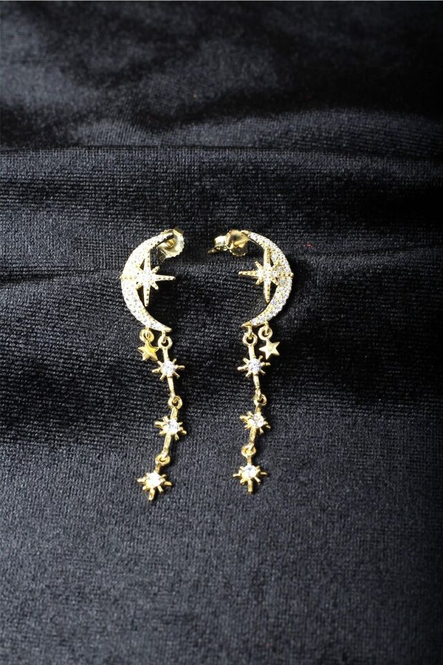 Sallantılı Yıldız Küpe Hilal 925 Ayar Beyaz Zirkon Taşlı Kutup Yıldızı Gümüş Küpe