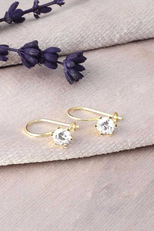 Tektaş Küpe KancalıYuvarlak Beyaz 925 Ayar Zirkon Taşlı Gümüş Küpe