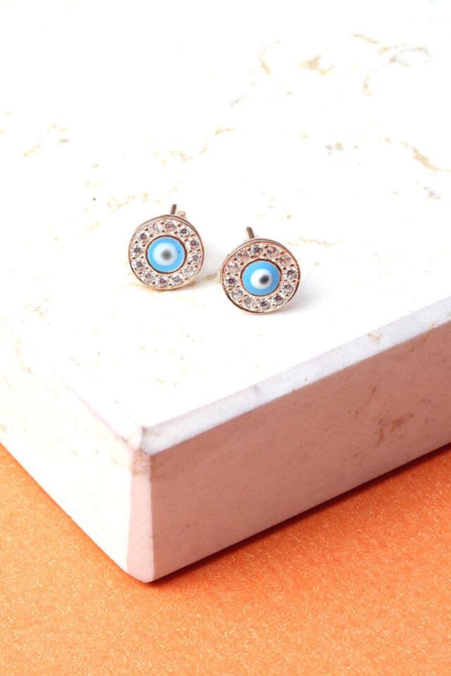 Nazar Küpe Göz Boncuğu Mavi 925 Ayar Beyaz Zirkon Taşlı Çivili Gümüş Küpe