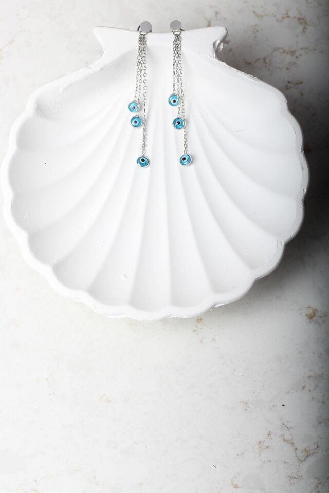 Nazar Küpe Sallantılı Nazar Boncuklu Mavi Göz Yuvarlak 925 Ayar Çivili Zincir Gümüş Küpe