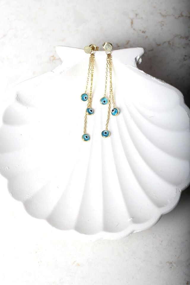 Nazar Küpe Sallantılı Nazar Boncuklu Mavi Göz Yuvarlak 925 Ayar Çivili Zincir Gümüş Küpe